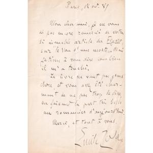 Émile ZOLA - Touché par la clémence sur son deuxième roman - Lettre autographe signée 1889