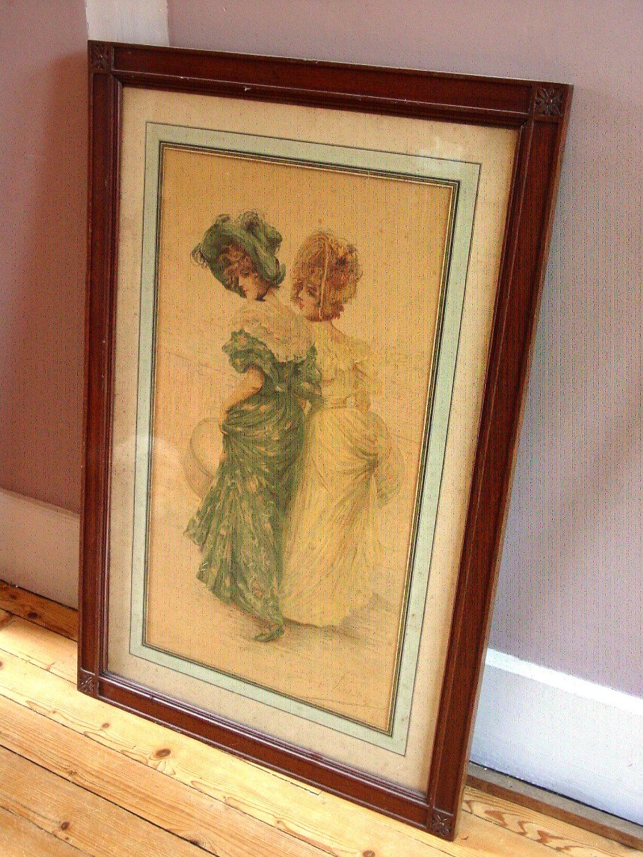 Large Lithograph, "the Two Friends" Frédérique Vallet Bisson Original Frame-photo-2
