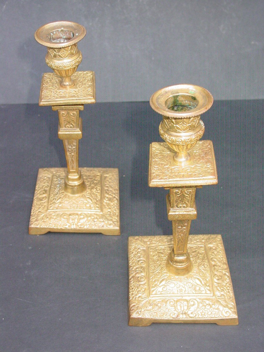 Paire De Flambeaux, Bougeoirs En Bronze Doré De Style Louis XIV -photo-3