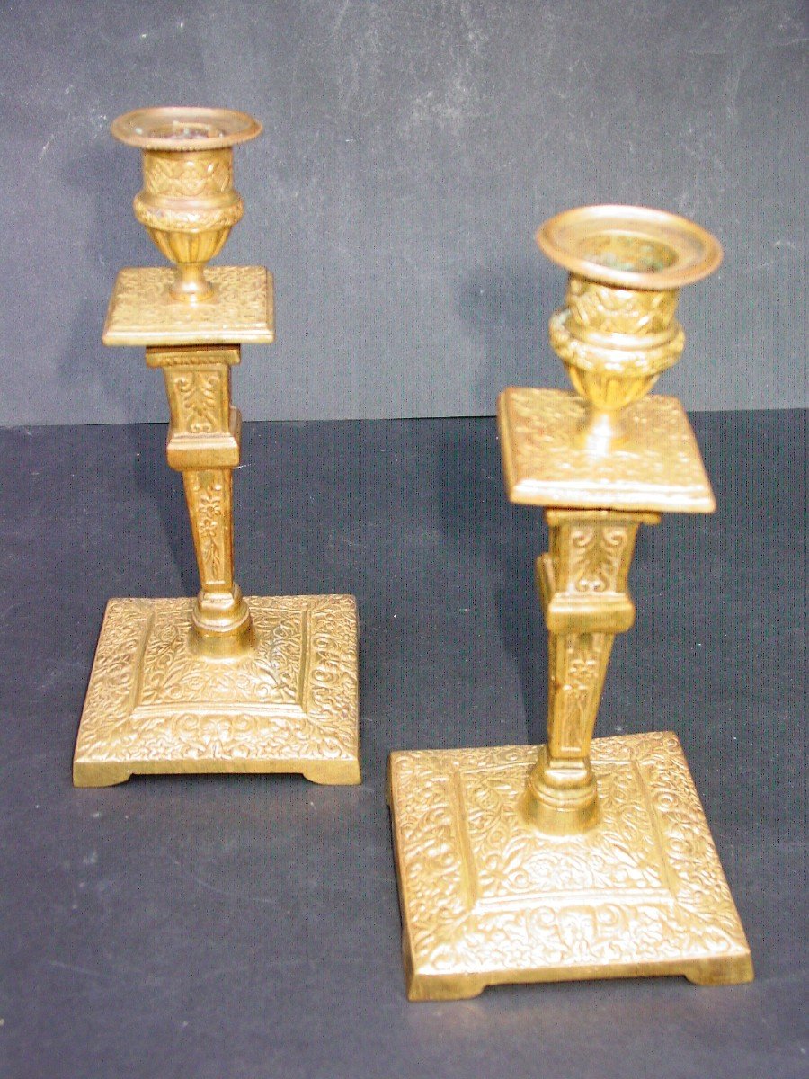 Pair Of Candlesticks, Candlesticks In Gilt Bronze Louis XIV Style