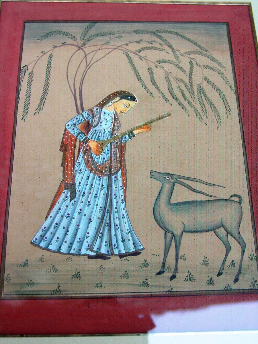 Indian Miniature Circa 1940 Goddess & Antelope