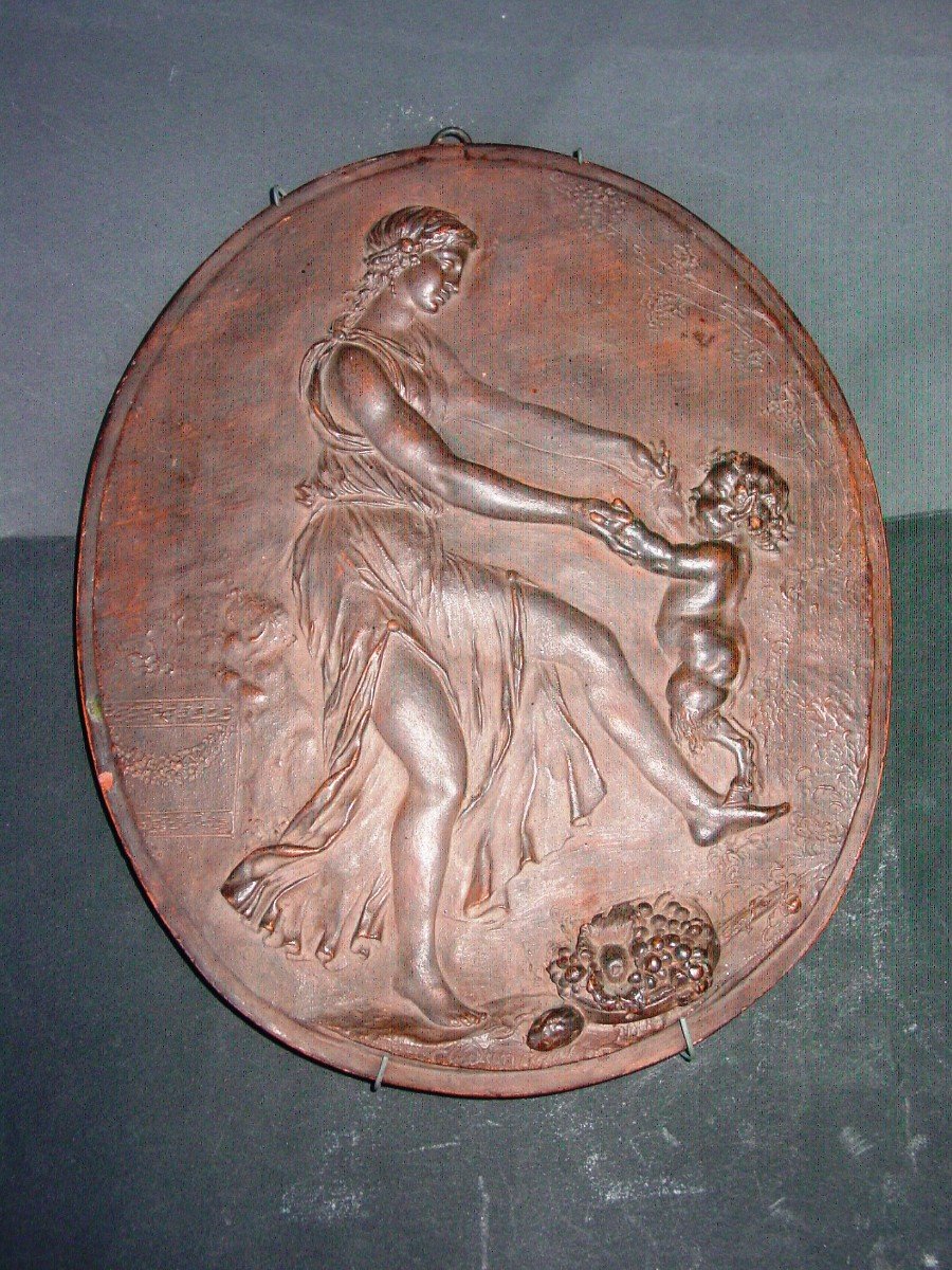 From After Clodion, Medallion In Earth From The 19th Century: Bacchante & Satyr-photo-2