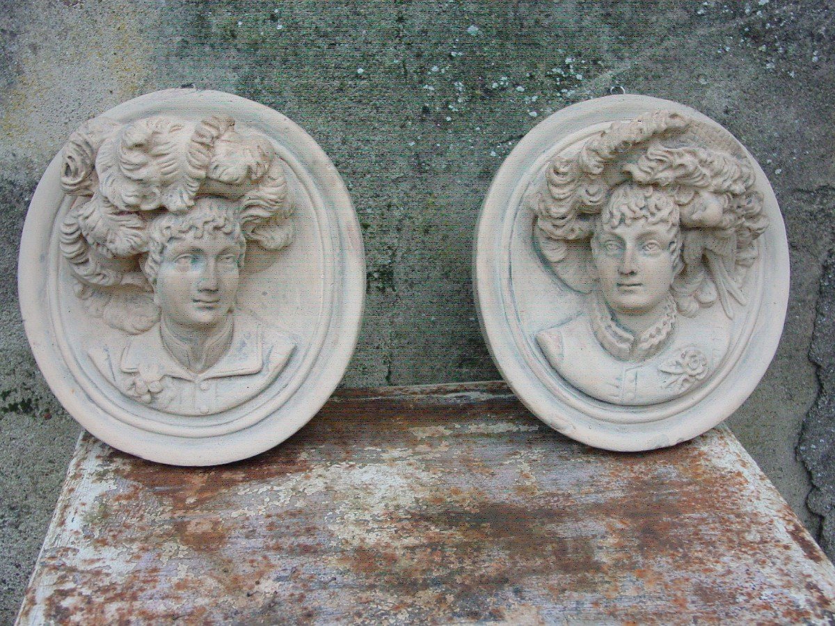 2 Patinated Plaster Medallions Terracotta Style Circa 1900