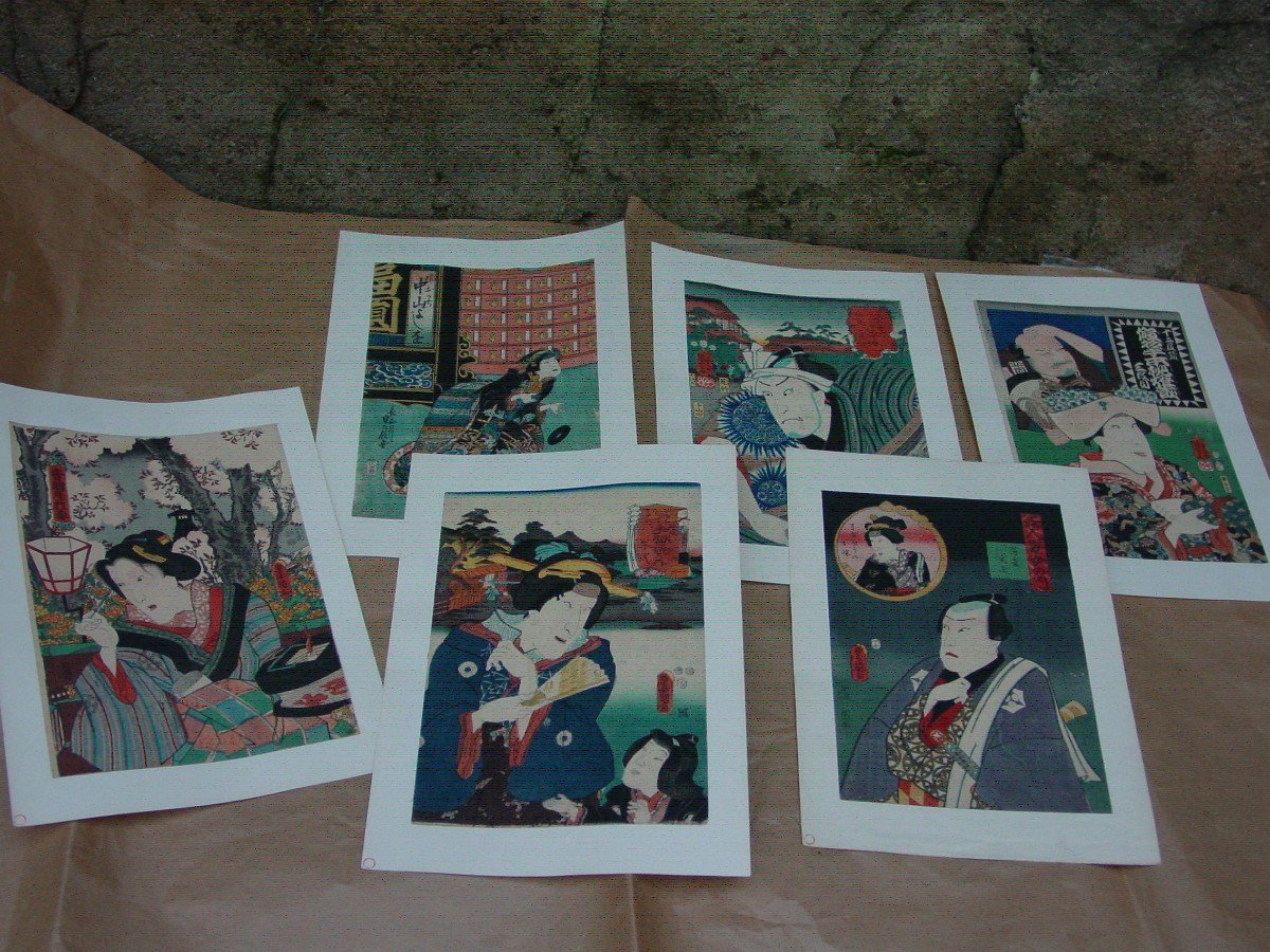 3 Toyokuni, 2 Kumiyoshi, 1 Sadanobu - Set Of 6 Japanese Prints From Chez Sakai & Co