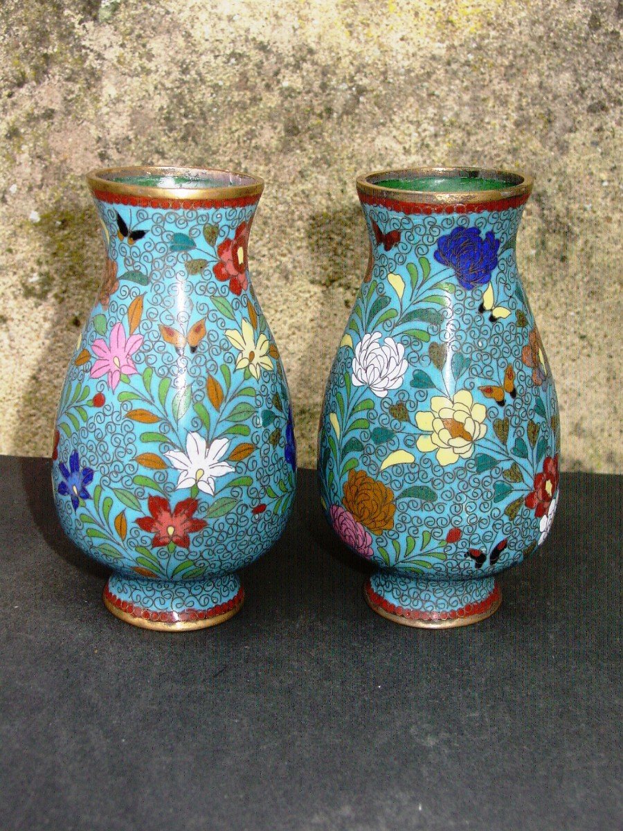Paire De Vases En Cuivre Cloisonné De La Chine Du 19ème Siècle Cloisonnés-photo-3
