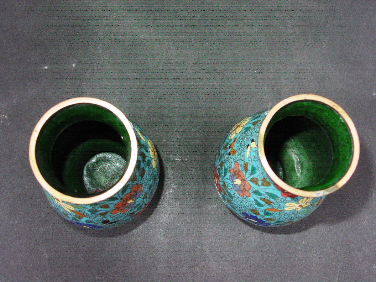 Paire De Vases En Cuivre Cloisonné De La Chine Du 19ème Siècle Cloisonnés-photo-3