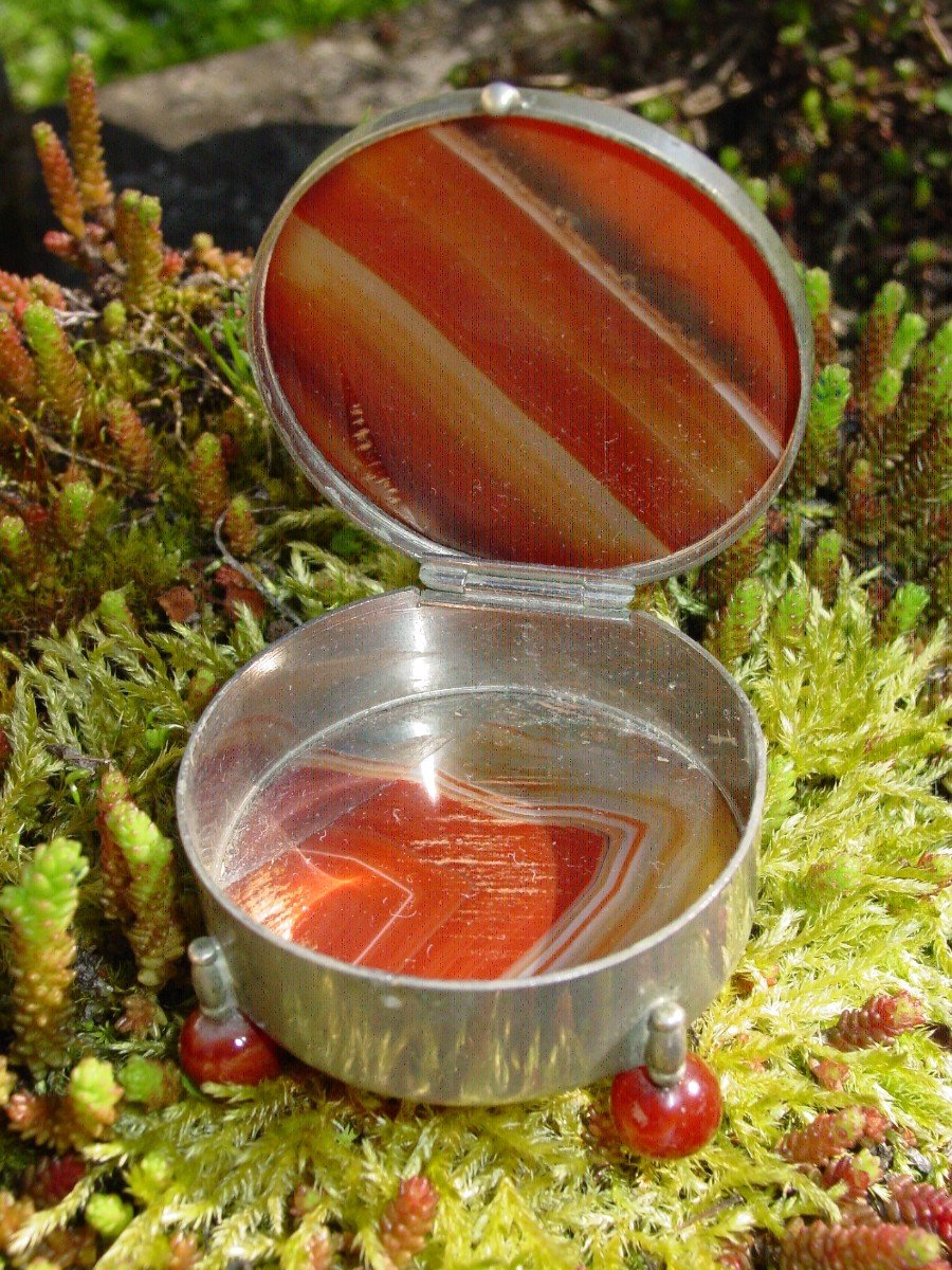 Pill Box, Tobacco Etc....in Agate & Metal Circa 1930-photo-2