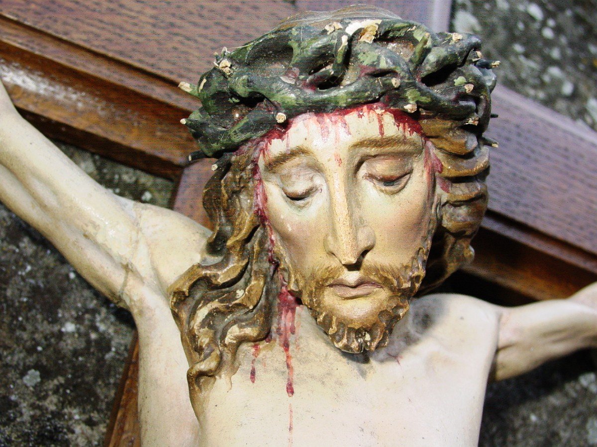 Large Christ On The Cross End Of Century Carved Wood-photo-1