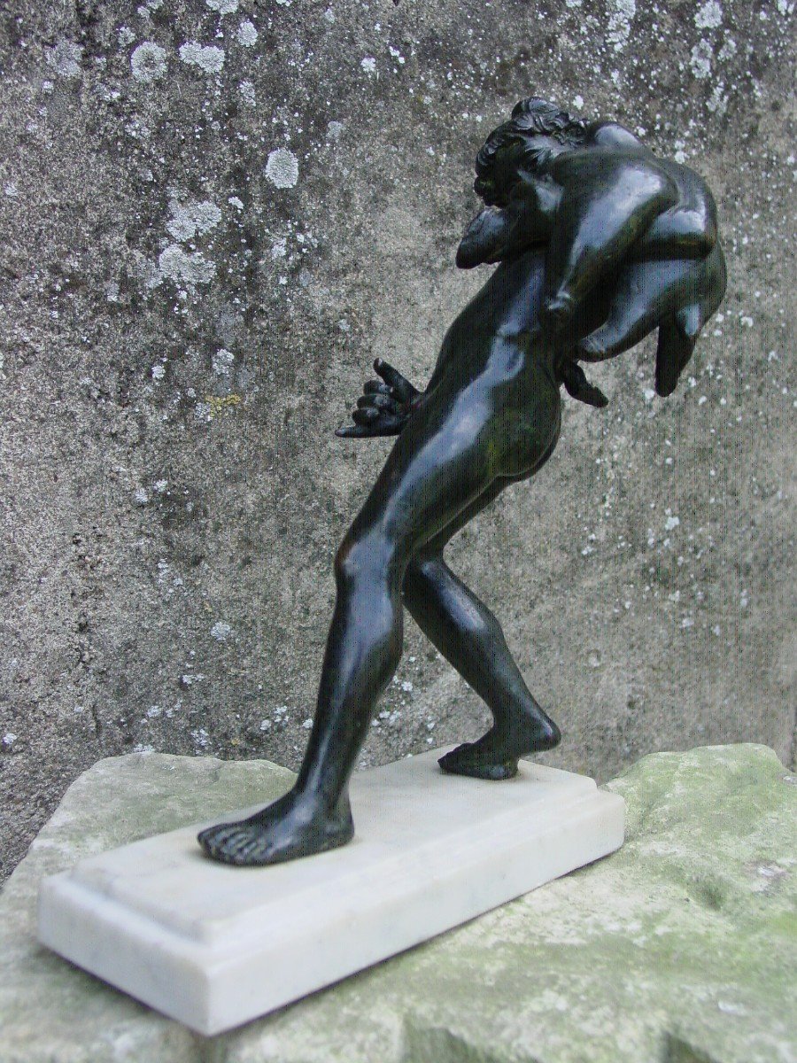 Bronze In The Antique Style: Young Drunk Faun With Wine Bottle Naples Museum-photo-2