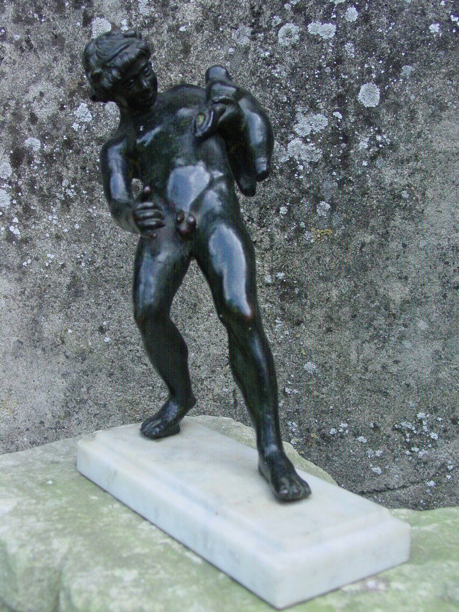 Bronze In The Antique Style: Young Drunk Faun With Wine Bottle Naples Museum-photo-3