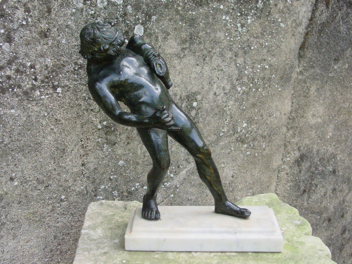 Bronze In The Antique Style: Young Drunk Faun With Wine Bottle Naples Museum