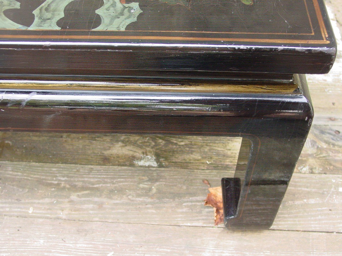 Japanese Lacquer Coffee Table Circa 1940 With Peony Decor-photo-3