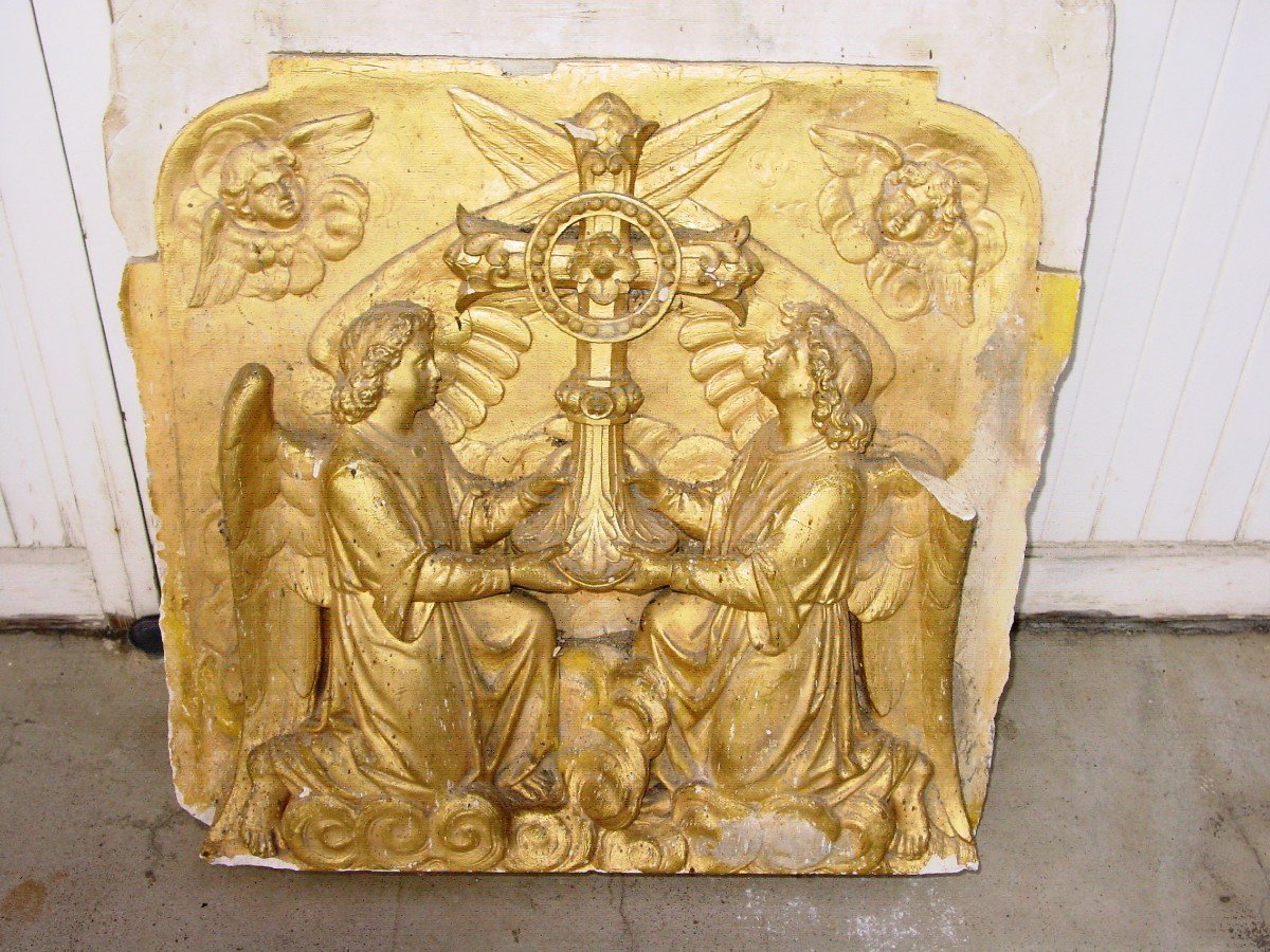 élément De Retable d'Autel Croix Du Christ & Quatre Anges haut relief