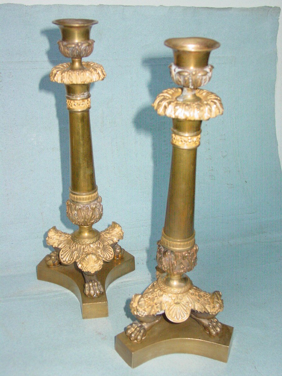 Pair Of Candlesticks, Torches, Th. Gilded & Patinated Bronze Restoration-photo-2