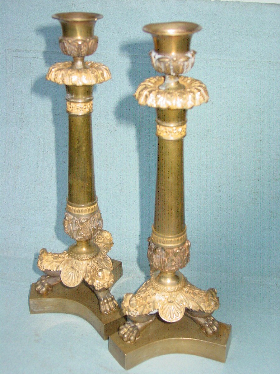 Pair Of Candlesticks, Torches, Th. Gilded & Patinated Bronze Restoration-photo-3