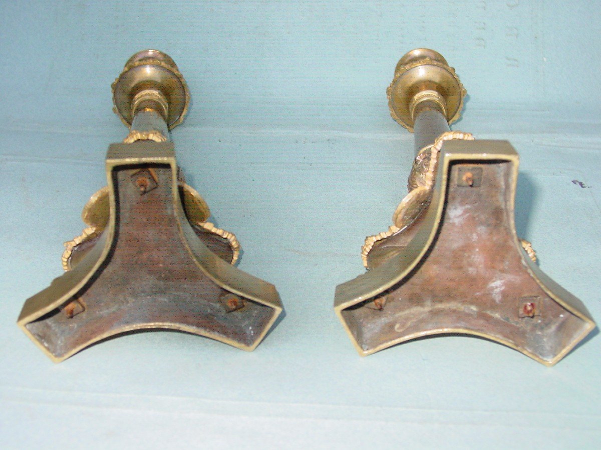 Pair Of Candlesticks, Torches, Th. Gilded & Patinated Bronze Restoration-photo-4