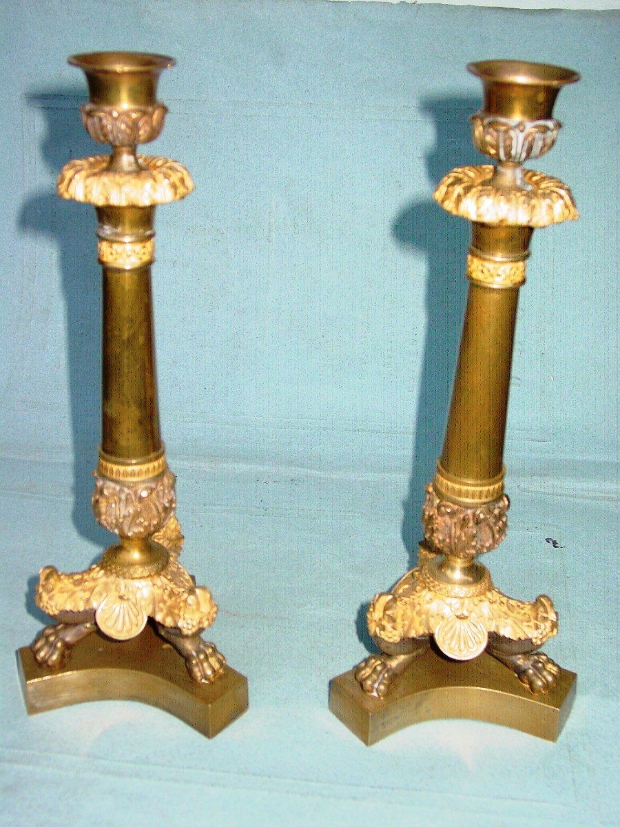 Pair Of Candlesticks, Torches, Th. Gilded & Patinated Bronze Restoration-photo-1