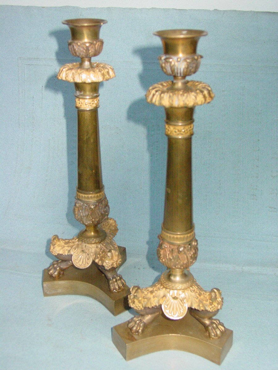 Pair Of Candlesticks, Torches, Th. Gilded & Patinated Bronze Restoration