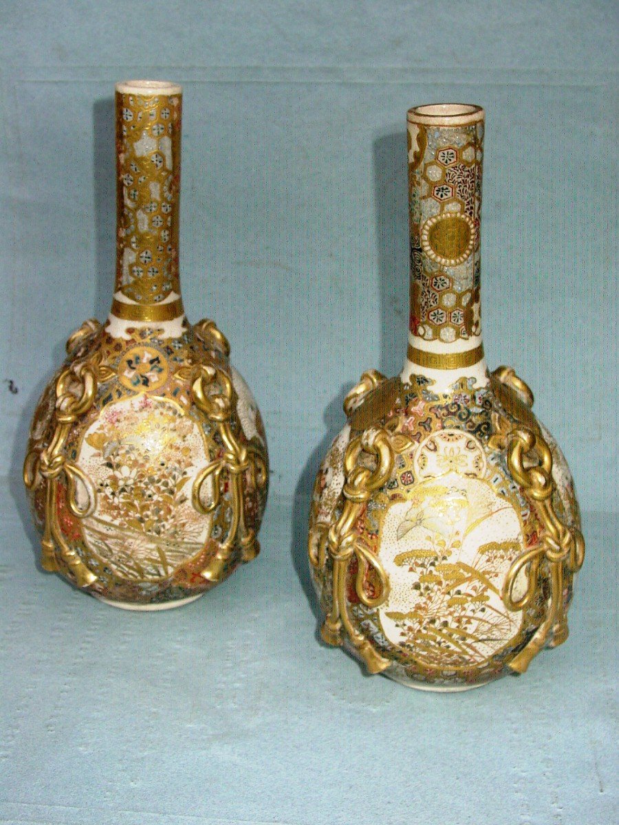 Pair Of Vases Japan Satsuma Meiji Period Lamps-photo-3