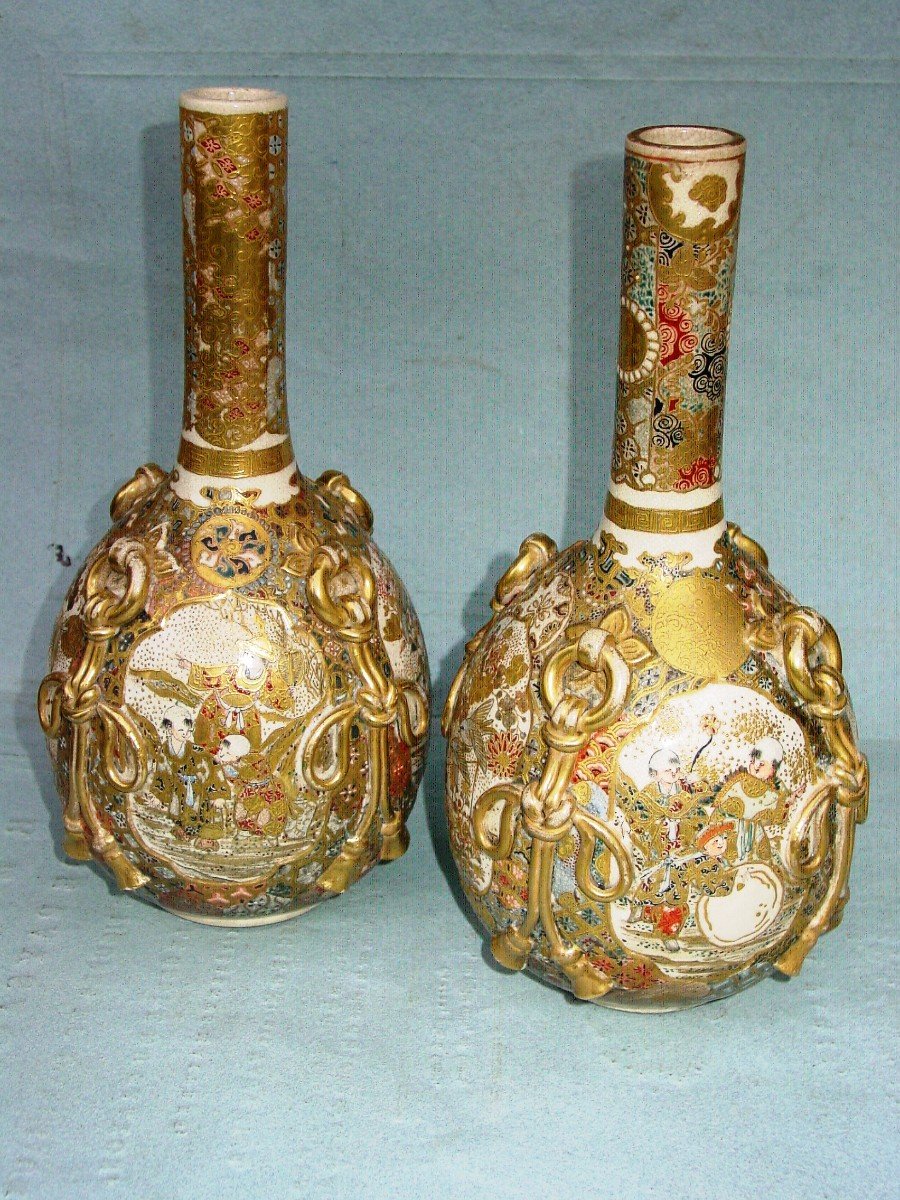 Pair Of Vases Japan Satsuma Meiji Period Lamps-photo-2
