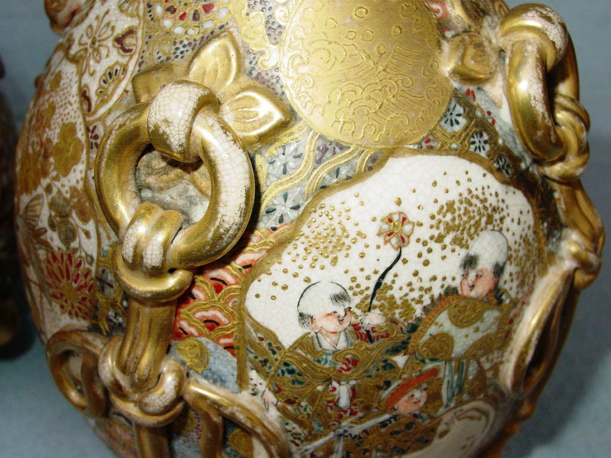 Pair Of Vases Japan Satsuma Meiji Period Lamps-photo-3