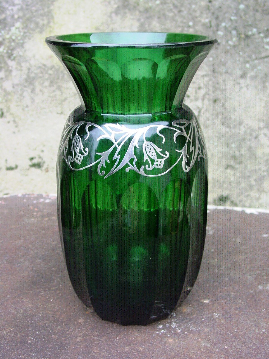 Large & Heavy Cut Crystal Vase (26 Cm.) Daum? Holy Grail ? Art Nouveau Silver Plated-photo-2