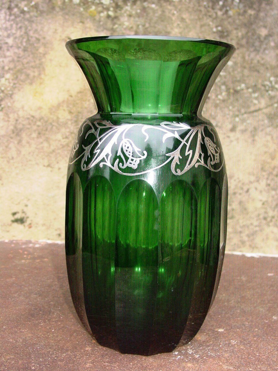Grand & Lourd Vase Cristal Taillé (26 Cm.) Daum ? Saint Graal ? Art Nouveau Plaqué d'Argent-photo-3