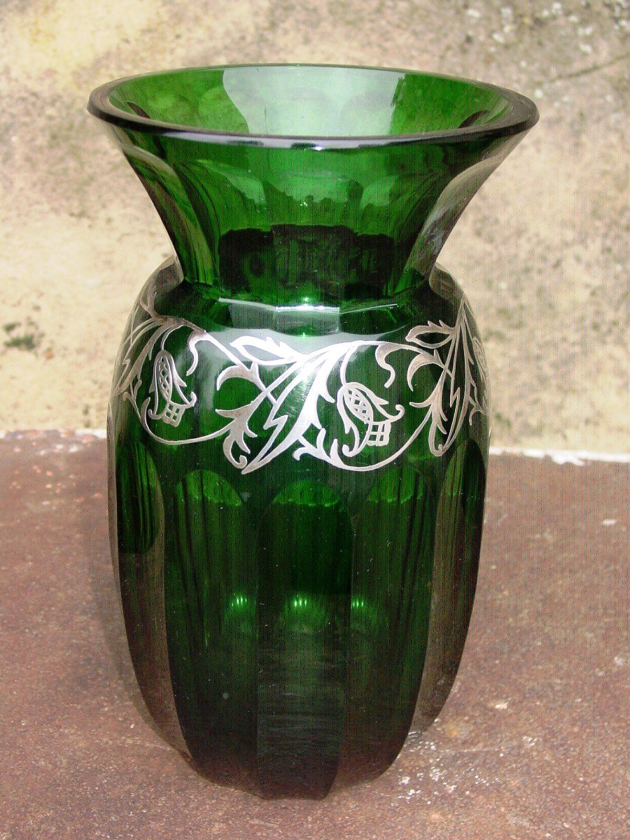 Large & Heavy Cut Crystal Vase (26 Cm.) Daum? Holy Grail ? Art Nouveau Silver Plated-photo-4