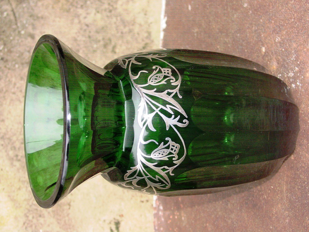 Large & Heavy Cut Crystal Vase (26 Cm.) Daum? Holy Grail ? Art Nouveau Silver Plated-photo-1