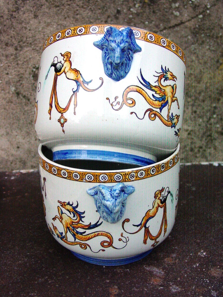 Paire Petits Cache-pots (ht 10,5 Cm.) Giens Décor Renaissance-photo-2