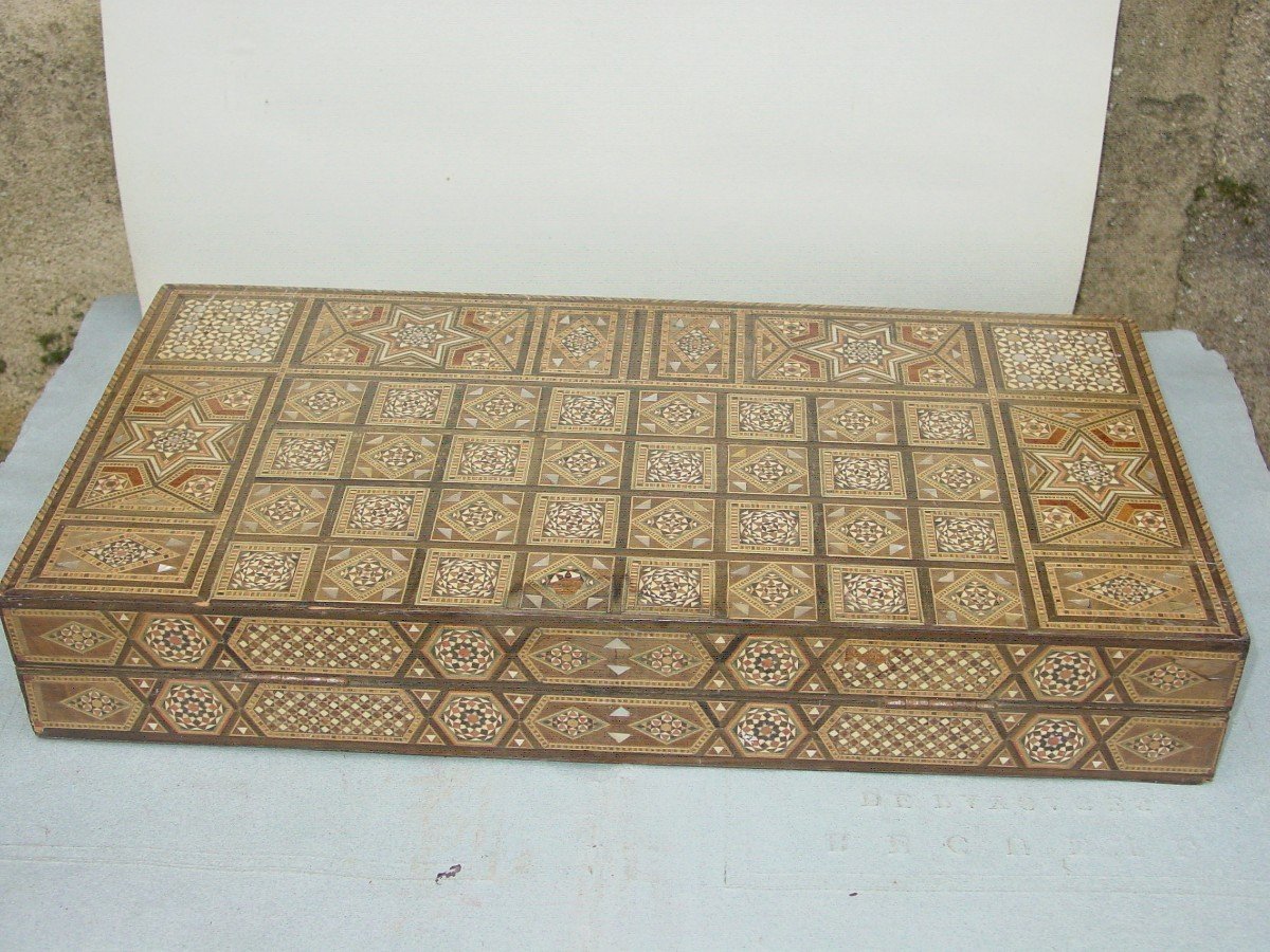 Marquetry Box With Chess Games, Queen, Backgammon Syrian Work Circa 1920-30-photo-4