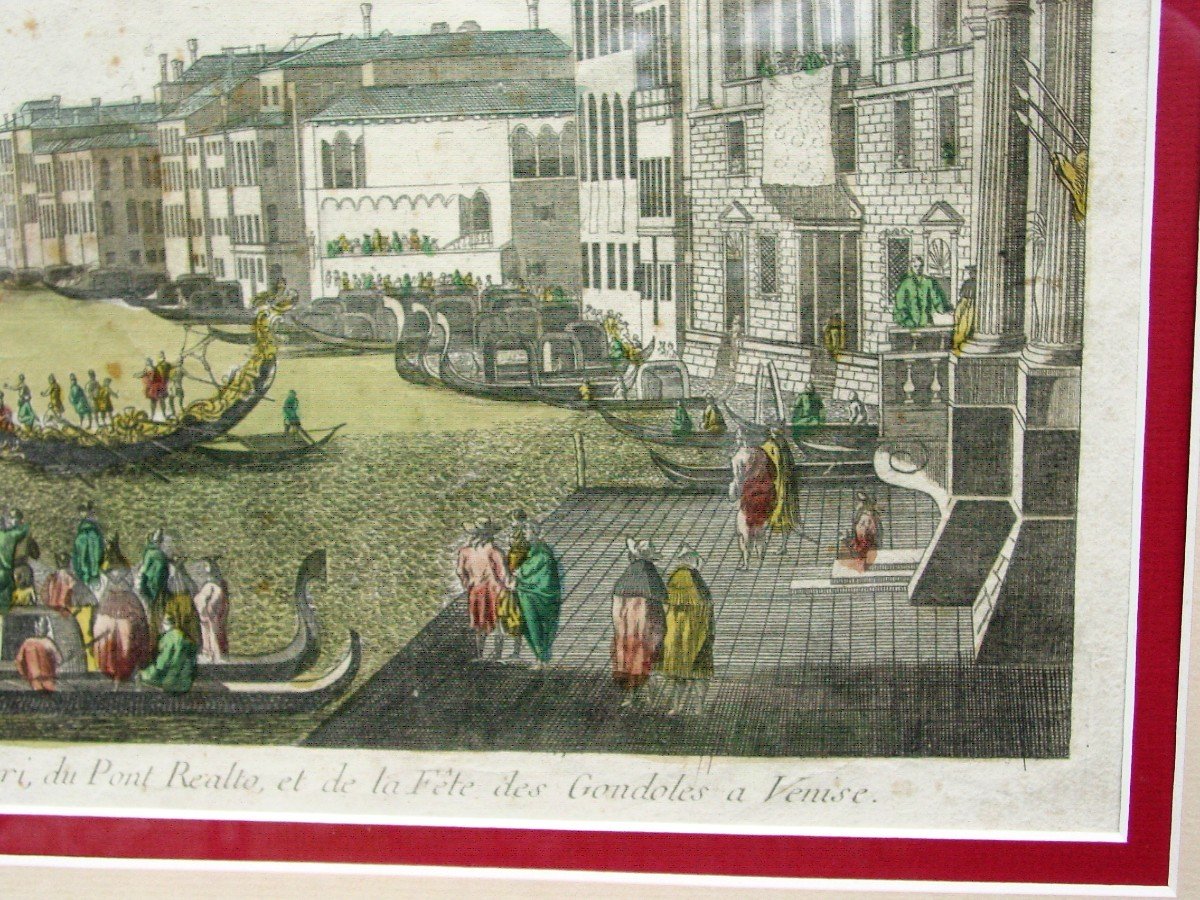 Gravure Venise Grand Canal Fête Des Gondoles  Vue d'Optique  18ème siècle-photo-4