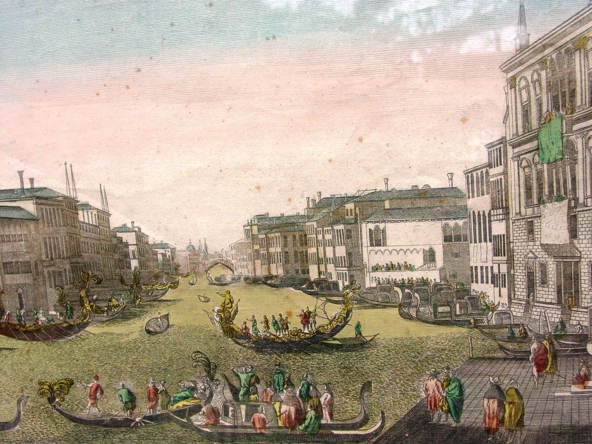 Gravure Venise Grand Canal Fête Des Gondoles  Vue d'Optique  18ème siècle-photo-6