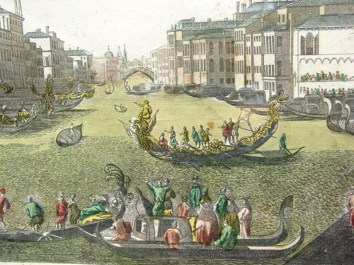 Gravure Venise Grand Canal Fête Des Gondoles  Vue d'Optique  18ème siècle