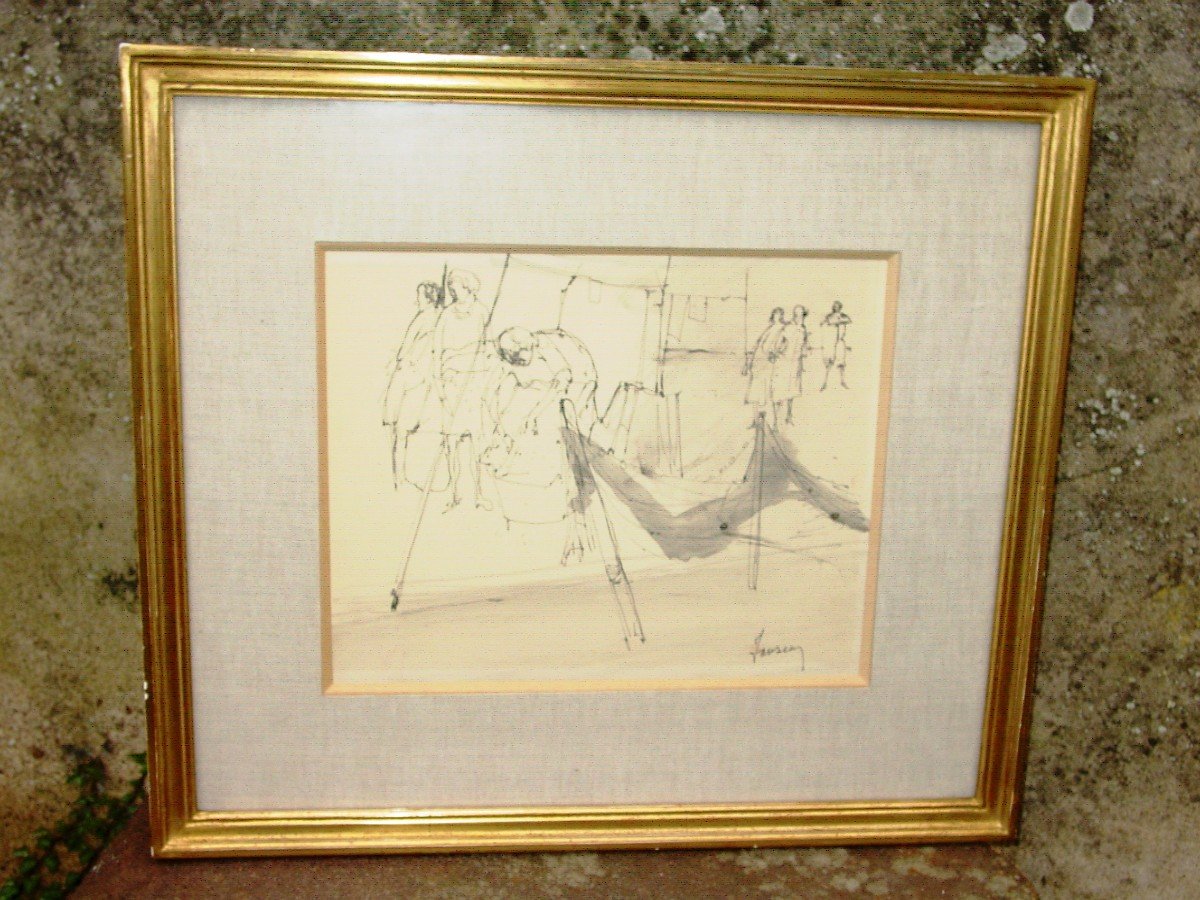 "9/8/69" Jean Jansem Ink Drawing "the Washerwomen" Well Framed-photo-2