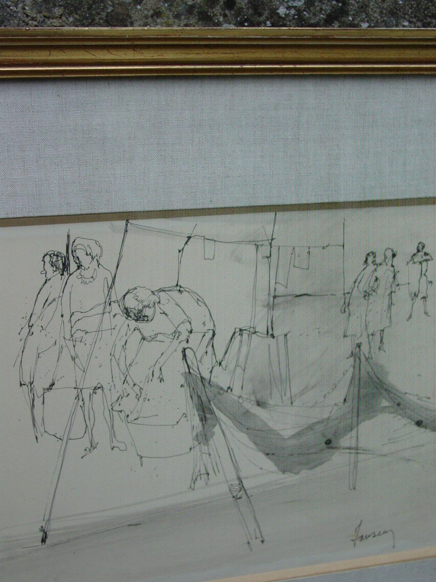 "9/8/69" Jean Jansem Ink Drawing "the Washerwomen" Well Framed-photo-4