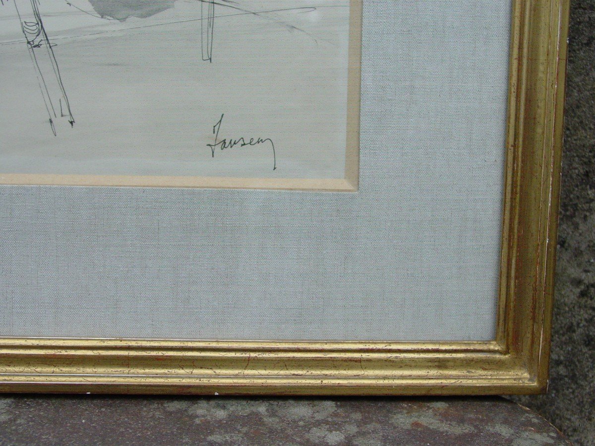 "9/8/69" Jean Jansem Ink Drawing "the Washerwomen" Well Framed-photo-2