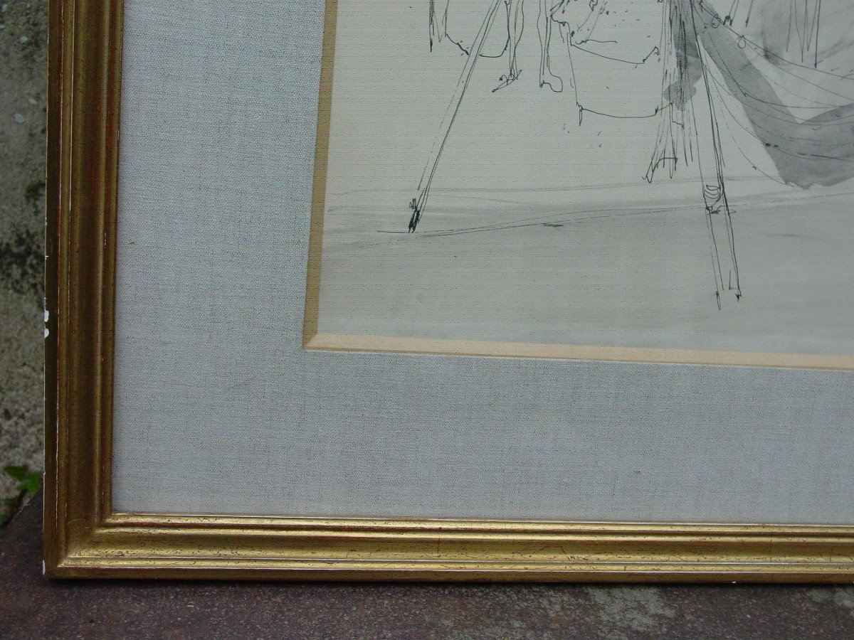 "9/8/69" Jean Jansem Ink Drawing "the Washerwomen" Well Framed-photo-3
