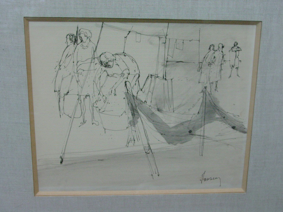"9/8/69" Jean Jansem Ink Drawing "the Washerwomen" Well Framed-photo-4