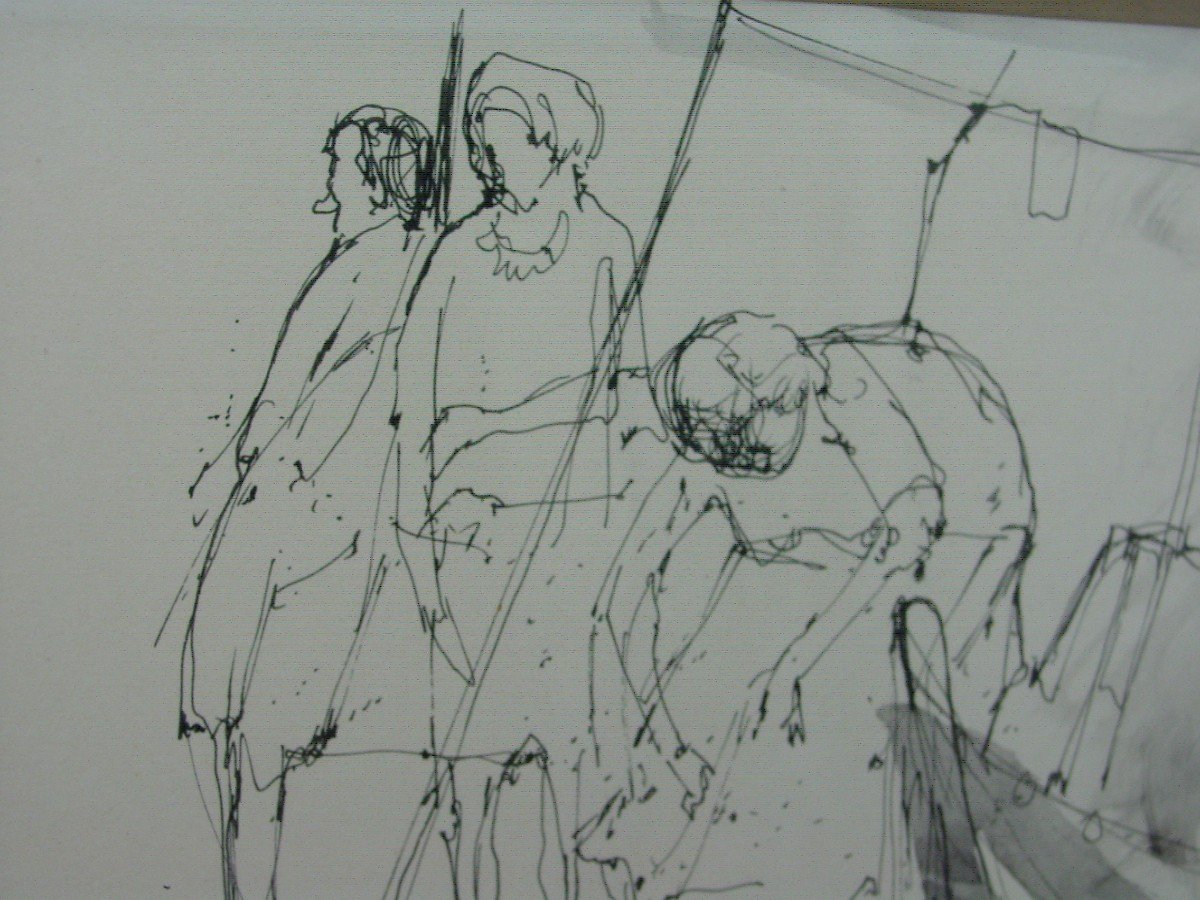 "9/8/69" Jean Jansem Ink Drawing "the Washerwomen" Well Framed-photo-6