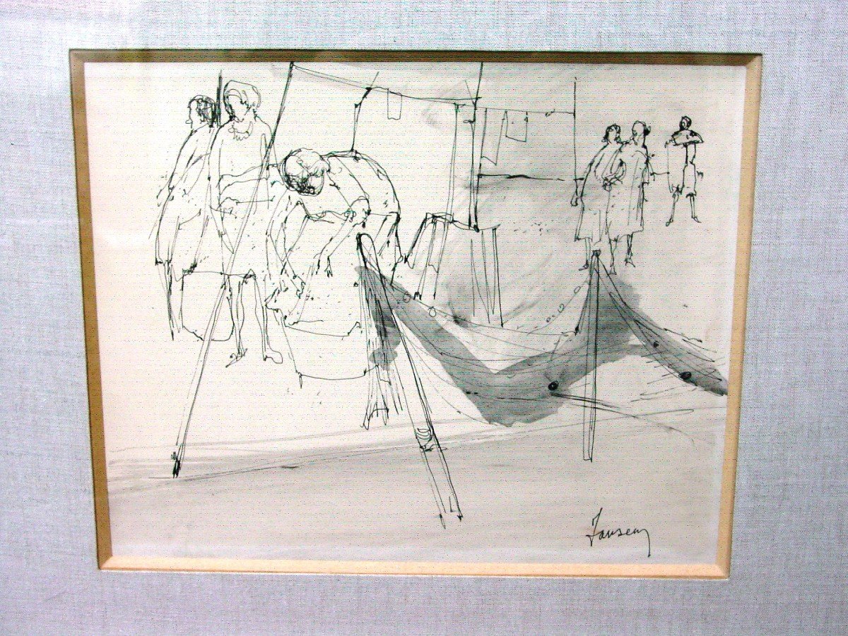 "9/8/69" Jean Jansem Ink Drawing "the Washerwomen" Well Framed
