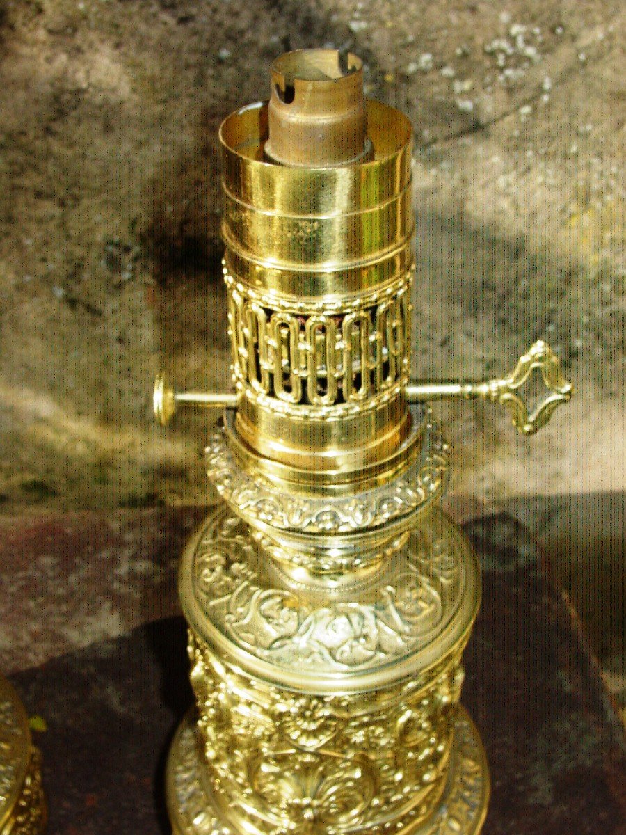 Paire Lampes Style Renaissance 1900 Laiton Poli & Estampé-photo-3
