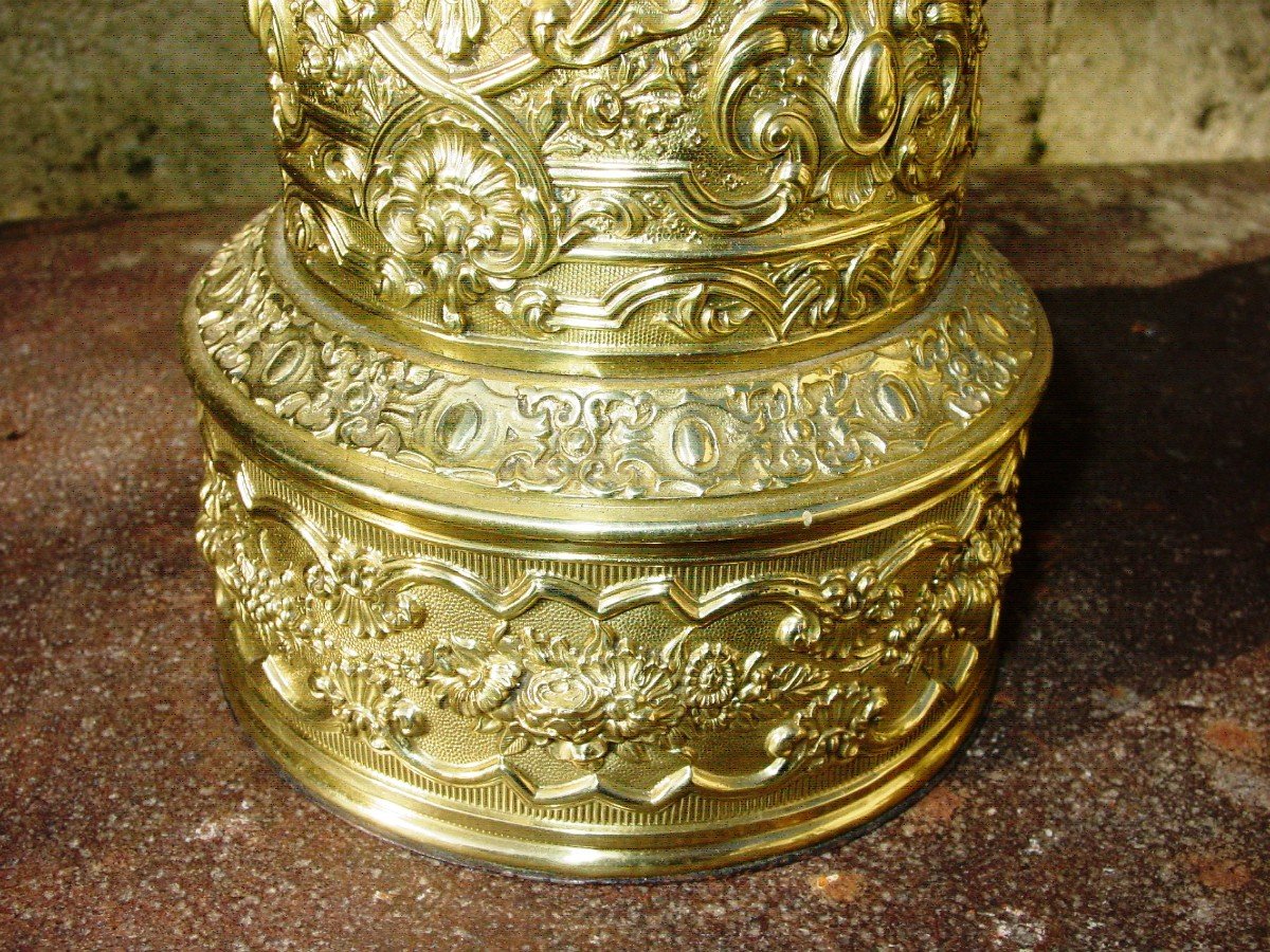 Paire Lampes Style Renaissance 1900 Laiton Poli & Estampé-photo-4