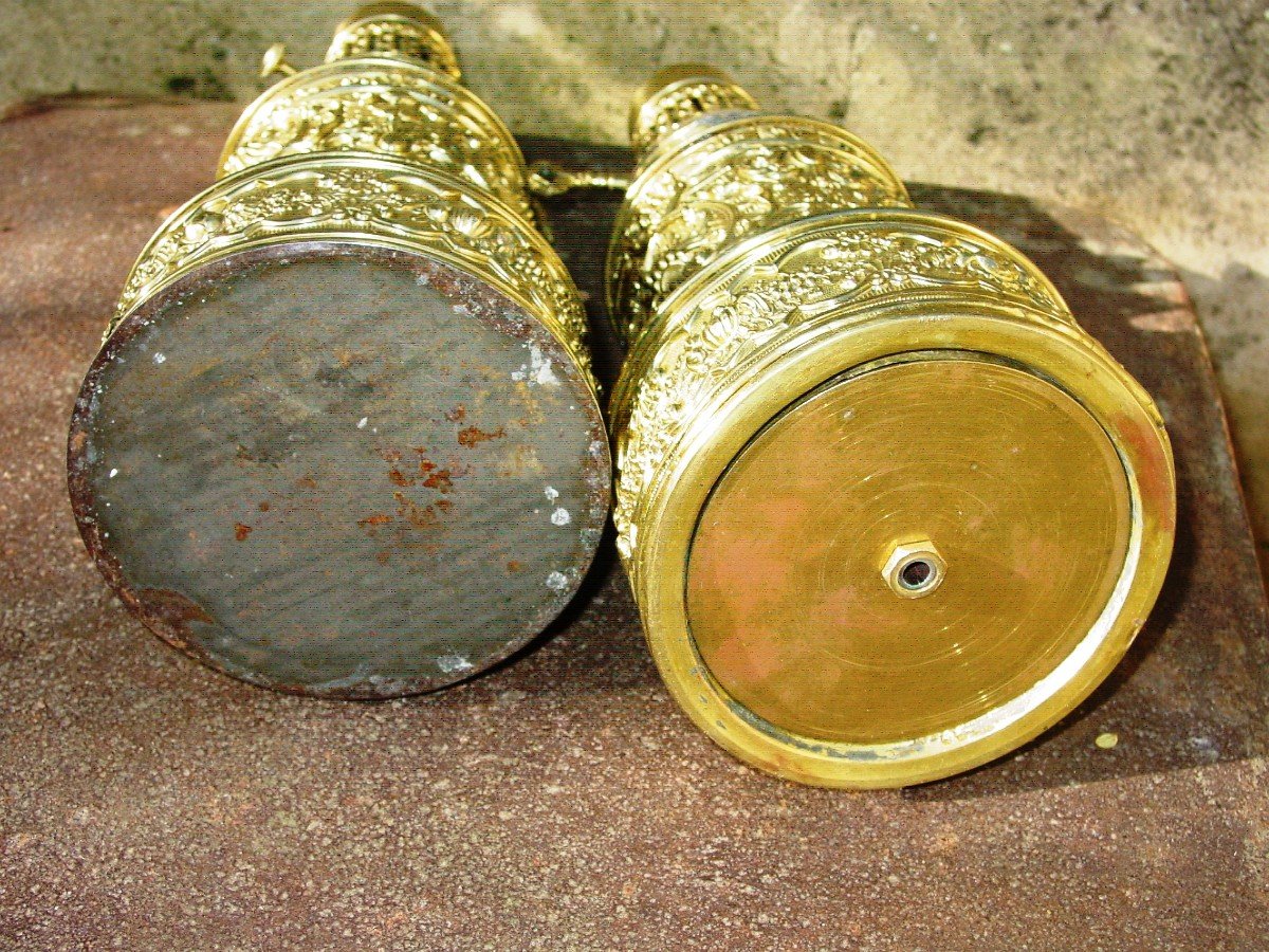 Paire Lampes Style Renaissance 1900 Laiton Poli & Estampé-photo-4