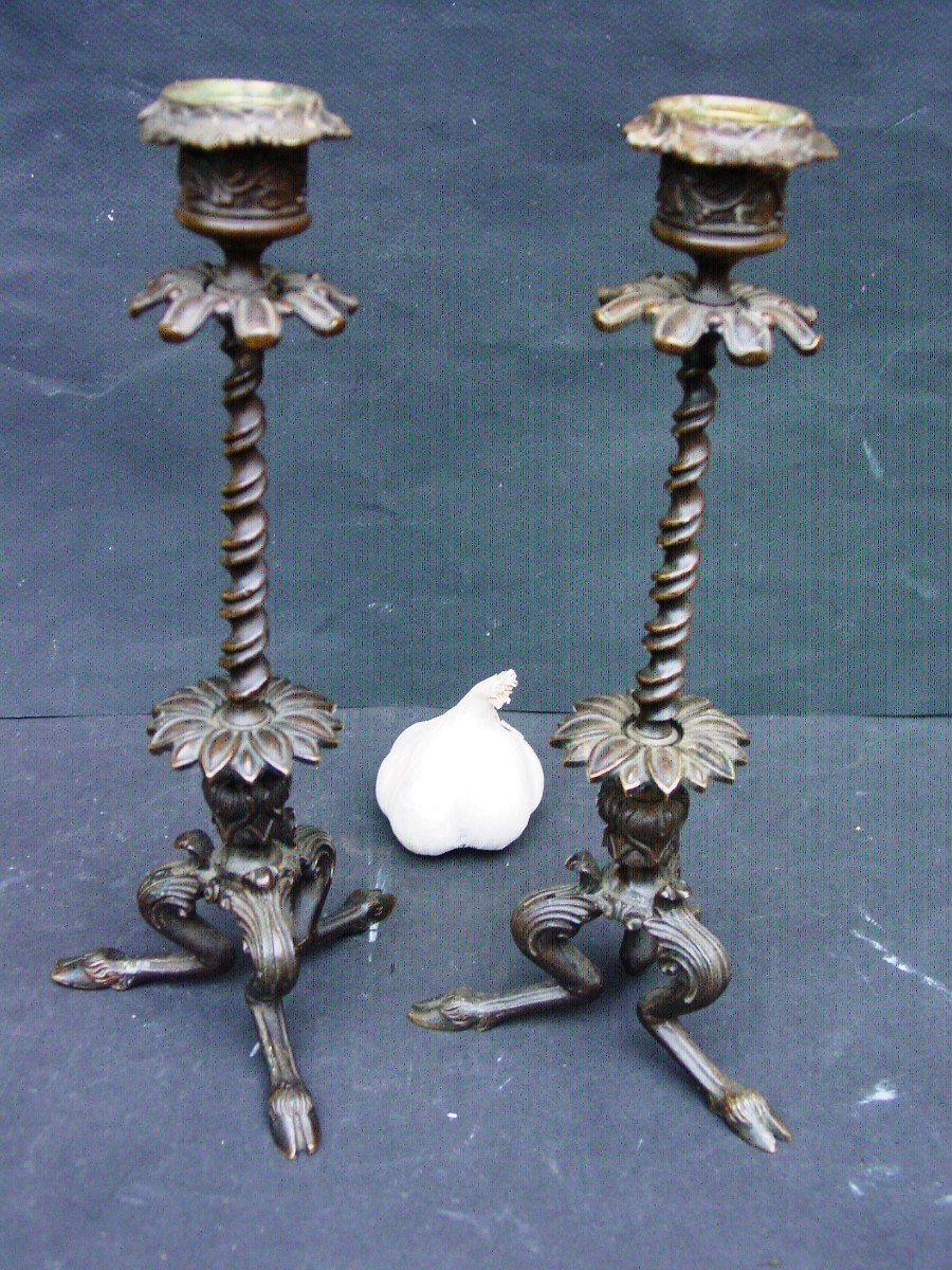 Pair Of "antique" Bronze Candlesticks With Beautiful Patina From The 19th Barbedienne Grand Tour-photo-2