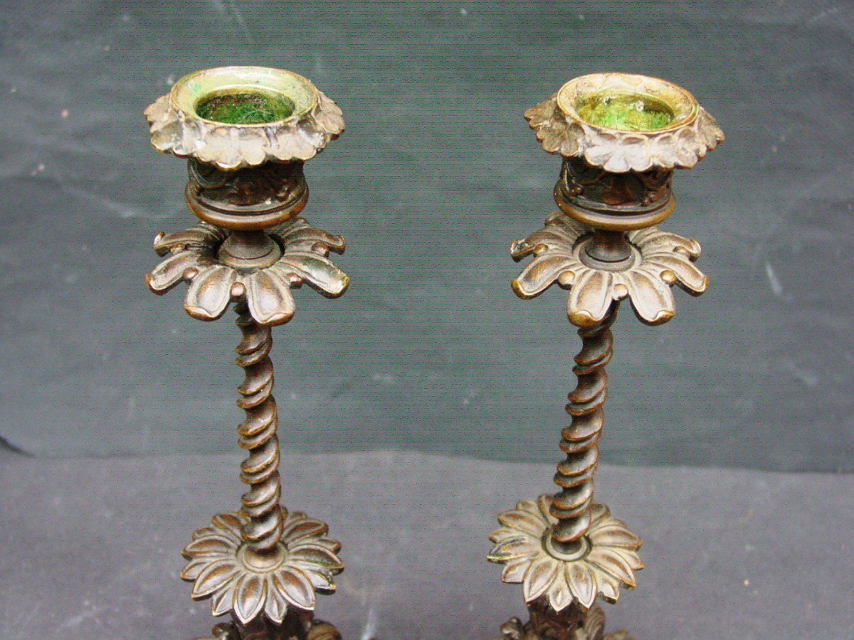 Pair Of "antique" Bronze Candlesticks With Beautiful Patina From The 19th Barbedienne Grand Tour-photo-2