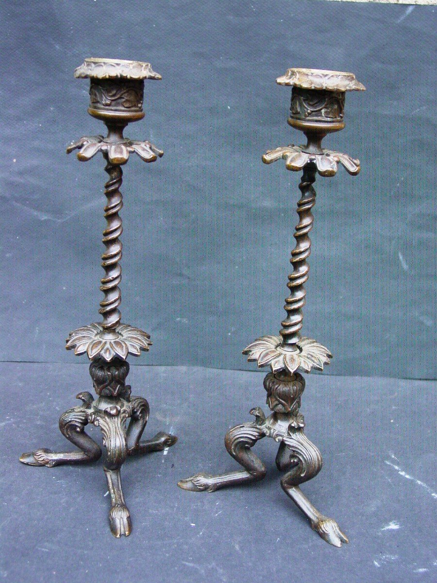 Pair Of "antique" Bronze Candlesticks With Beautiful Patina From The 19th Barbedienne Grand Tour