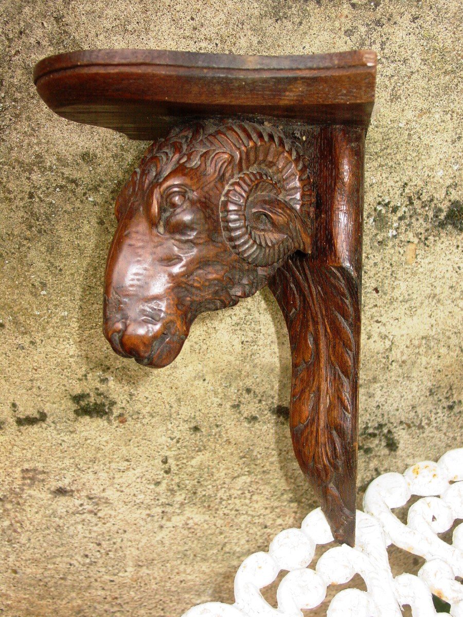 Shelf, Corner Wall Mounted Console In Carved Wood With A Goat's Head-photo-4