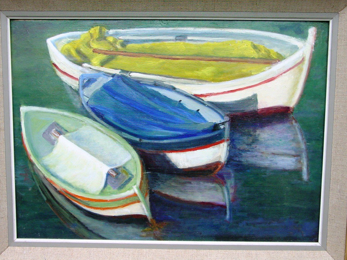 Barques Vers 1960, Huile Sur Toile-photo-2