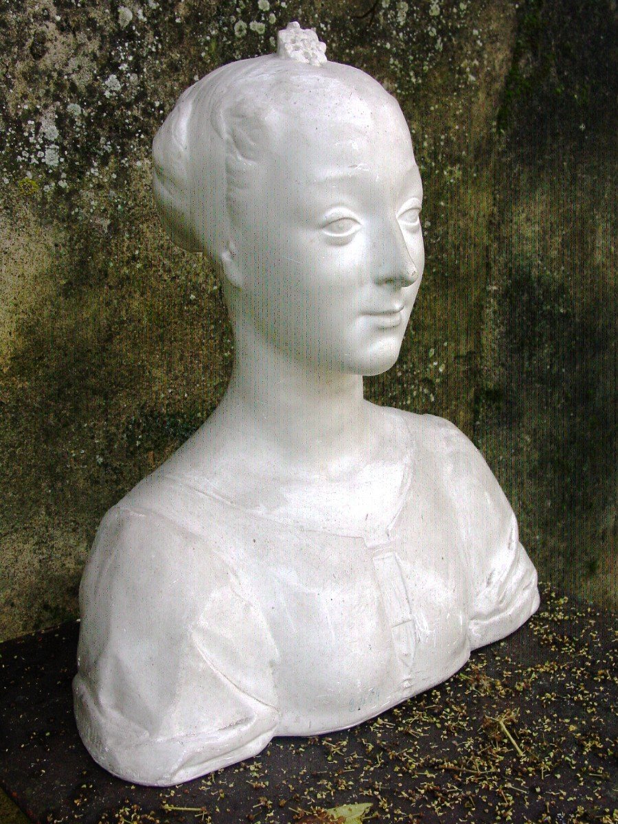 Buste (ht 48 Cm.) Femme De La Renaissance Plâtre Signé -photo-1